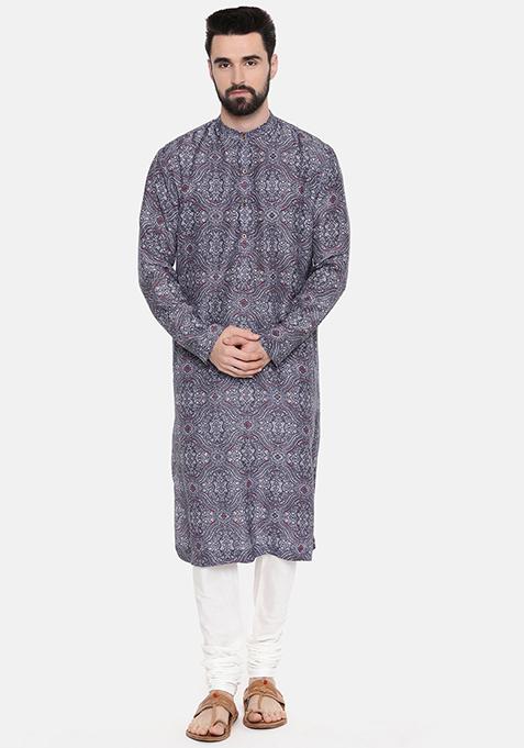 Blue And Red Printed Linen Kurta Set For Men