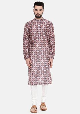 Red And Blue Printed Chanderi Silk Kurta Set For Men
