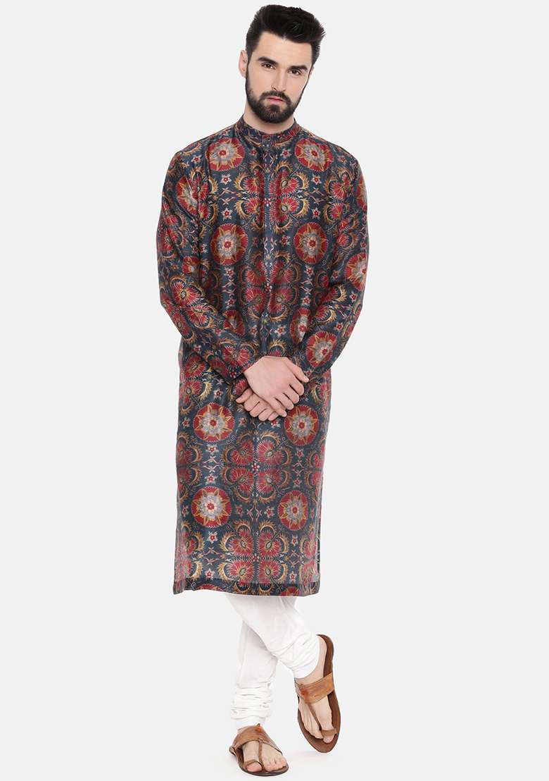 Teal Blue And Red Chanderi Silk Blend Kurta Set For Men - Indya