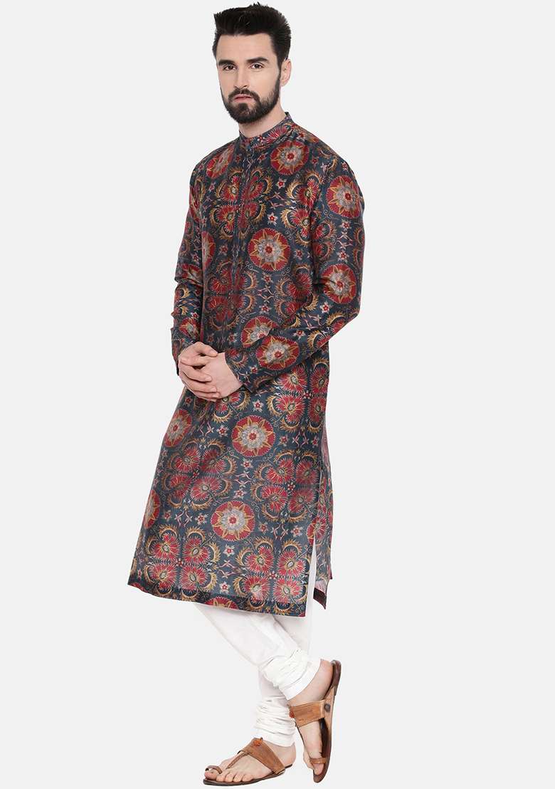 Teal Blue And Red Chanderi Silk Blend Kurta Set For Men - Indya