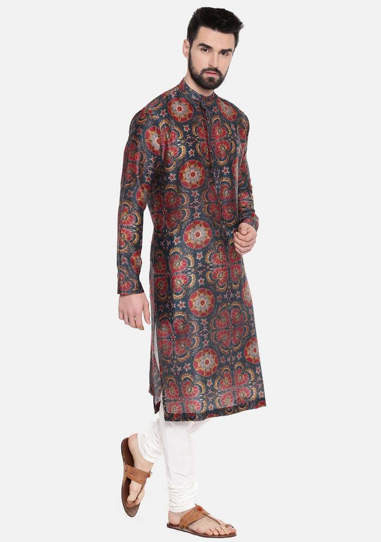 Teal Blue And Red Chanderi Silk Blend Kurta Set For Men - Indya
