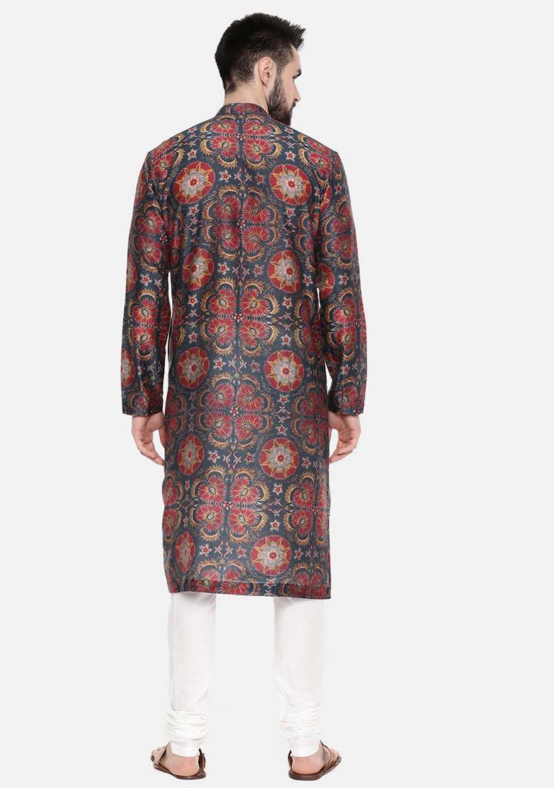 Teal Blue And Red Chanderi Silk Blend Kurta Set For Men - Indya