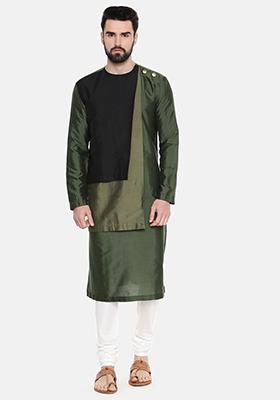 Green And Black Colourblocked Kurta Set For Men