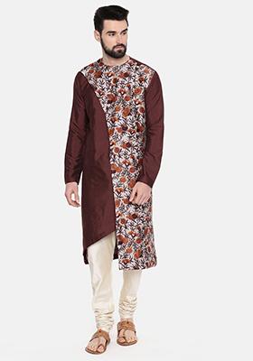 Brown Floral Print Chanderi Silk Kurta Set For Men