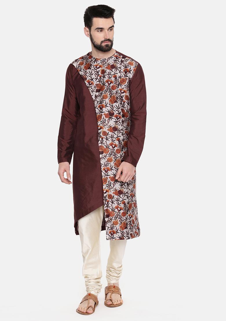 Brown Floral Print Chanderi Silk Kurta Set For Men - Indya