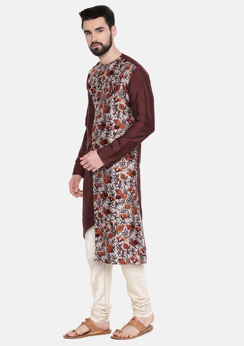 Brown Floral Print Chanderi Silk Kurta Set For Men - Indya