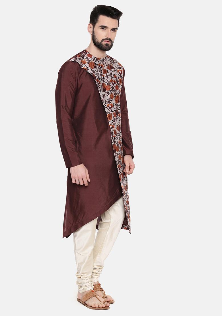 Brown Floral Print Chanderi Silk Kurta Set For Men - Indya