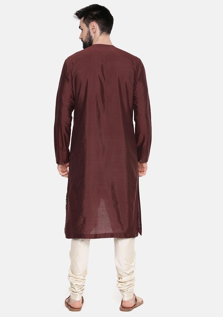 Brown Floral Print Chanderi Silk Kurta Set For Men - Indya