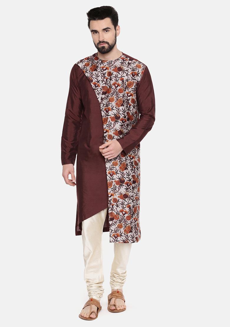 Brown Floral Print Chanderi Silk Kurta Set For Men - Indya