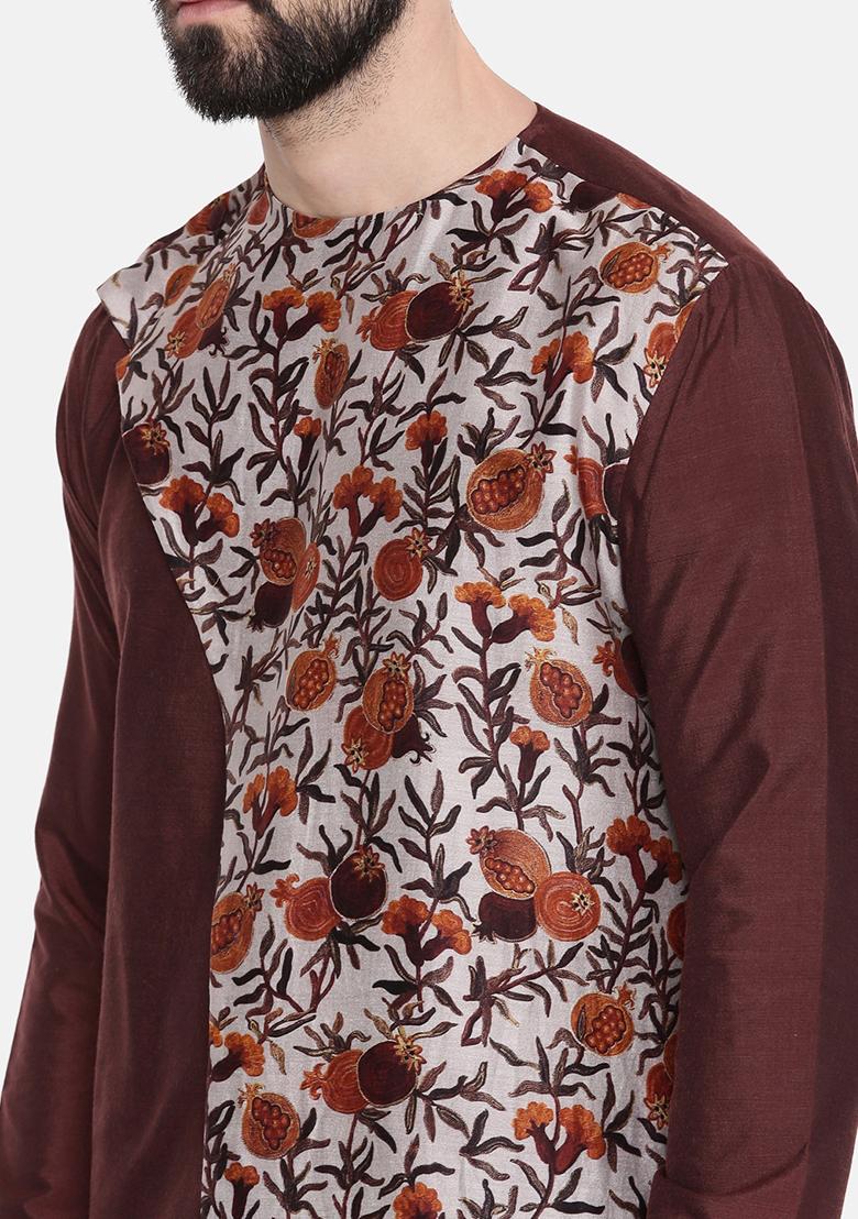 Brown Floral Print Chanderi Silk Kurta Set For Men - Indya