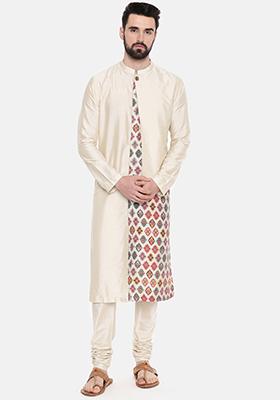 Beige Printed Cut Away Silk Kurta Set For Men