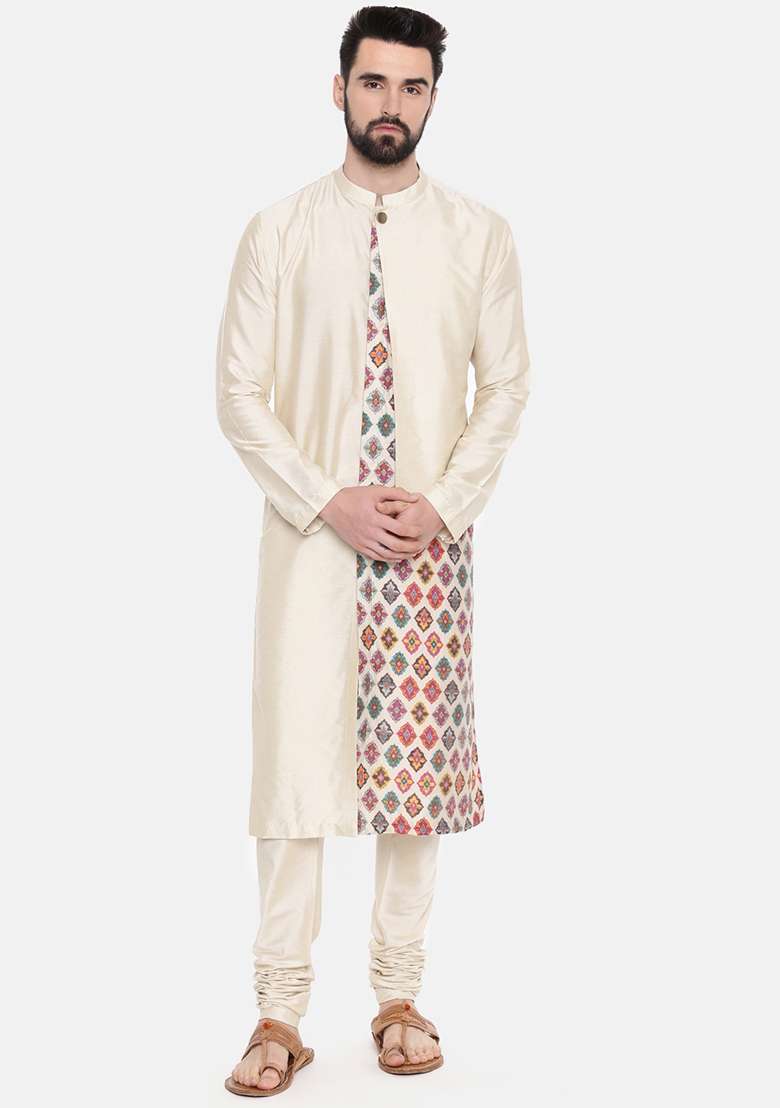 Beige Printed Cut Away Silk Blend Kurta Set For Men - Indya