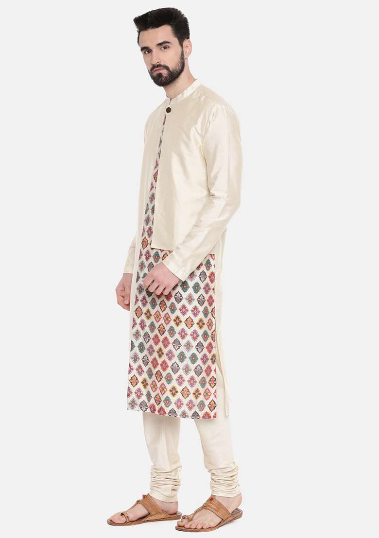 Beige Printed Cut Away Silk Blend Kurta Set For Men - Indya