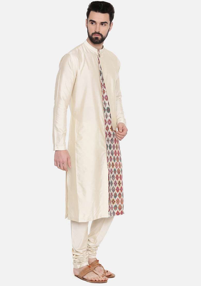 Beige Printed Cut Away Silk Blend Kurta Set For Men - Indya