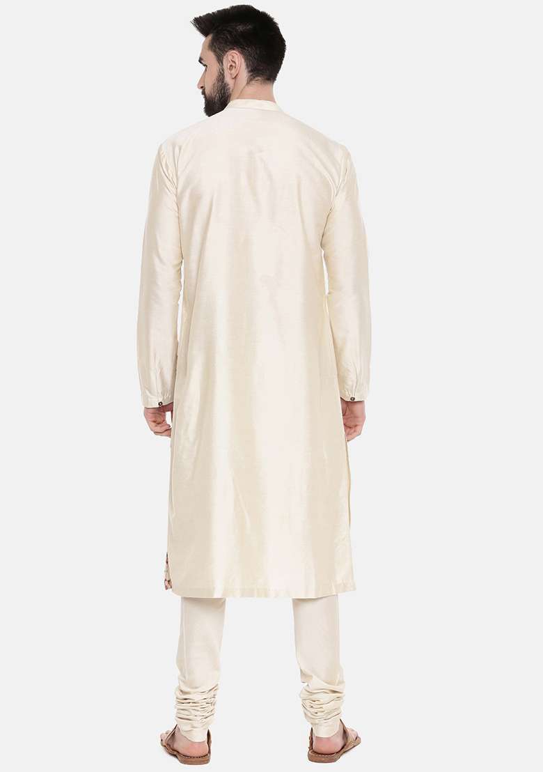 Beige Printed Cut Away Silk Blend Kurta Set For Men - Indya