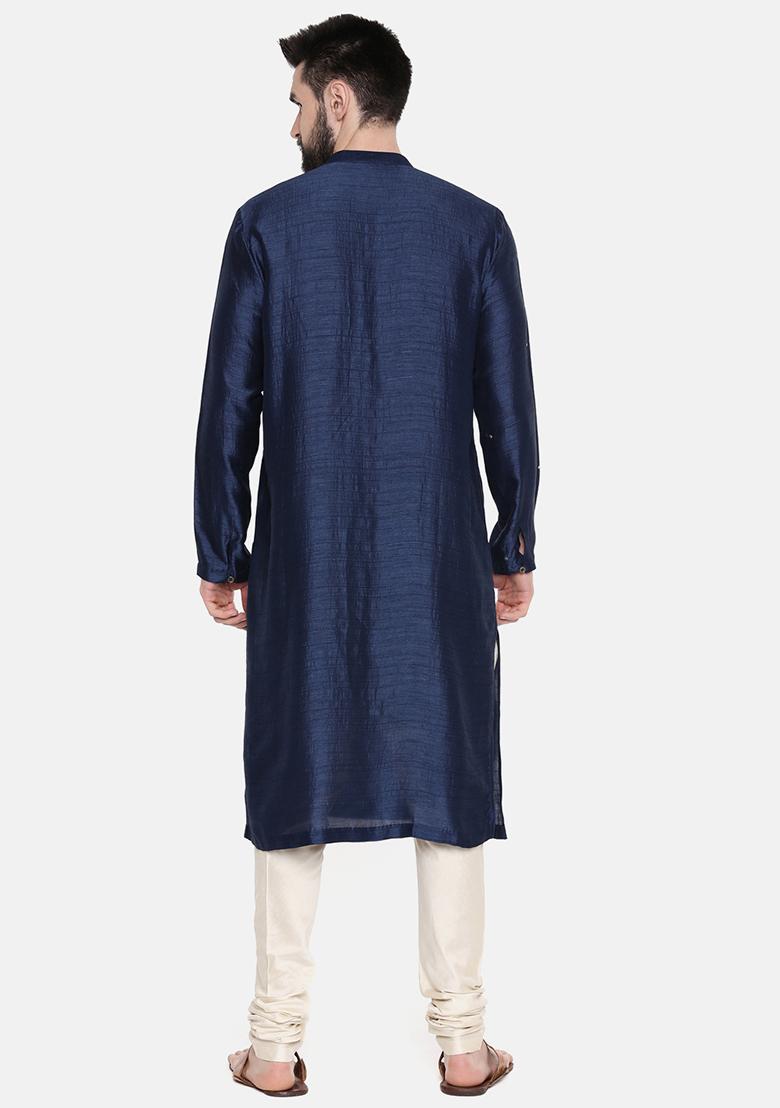 Blue Mukaish Work Silk Kurta Set For Men