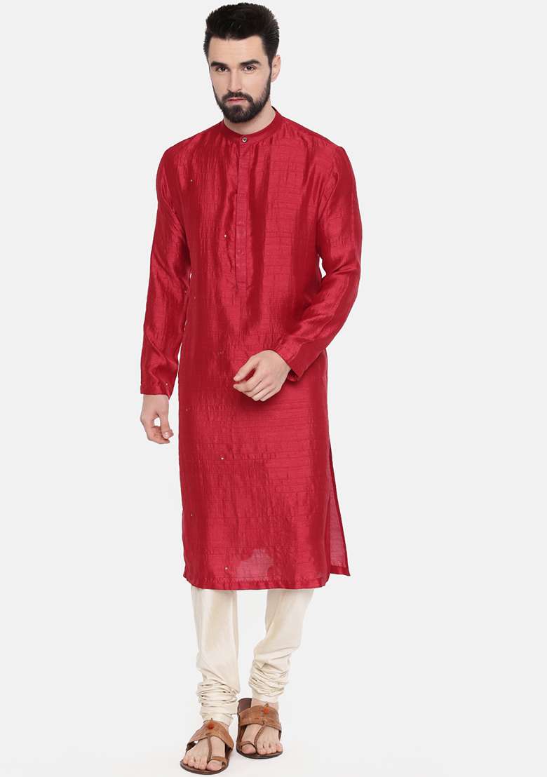 Red Mukaish Work Silk Blend Kurta Set For Men - Indya