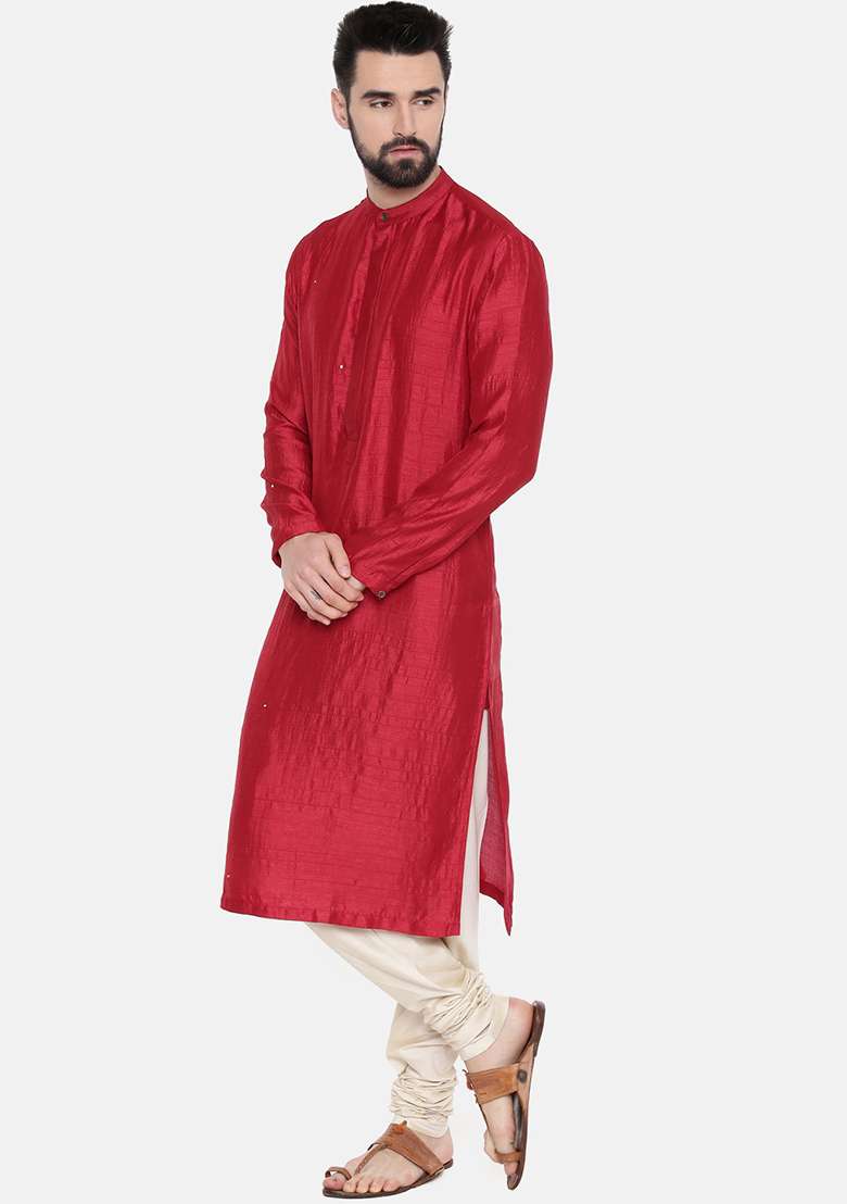 Red Mukaish Work Silk Blend Kurta Set For Men - Indya