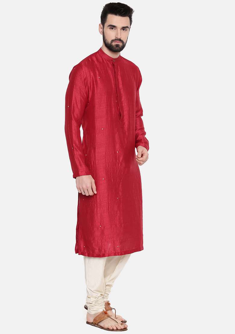 Red Mukaish Work Silk Blend Kurta Set For Men - Indya