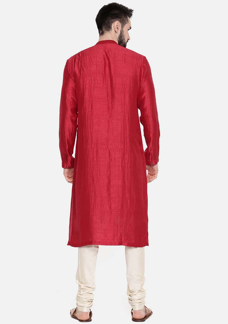 Red Mukaish Work Silk Blend Kurta Set For Men - Indya