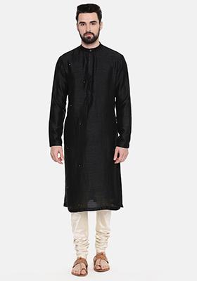 Black Mukaish Work Silk Kurta Set For Men