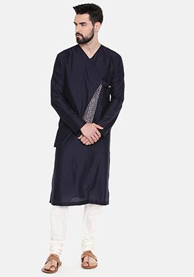 Blue Printed Cut Away Silk Kurta Set For Men