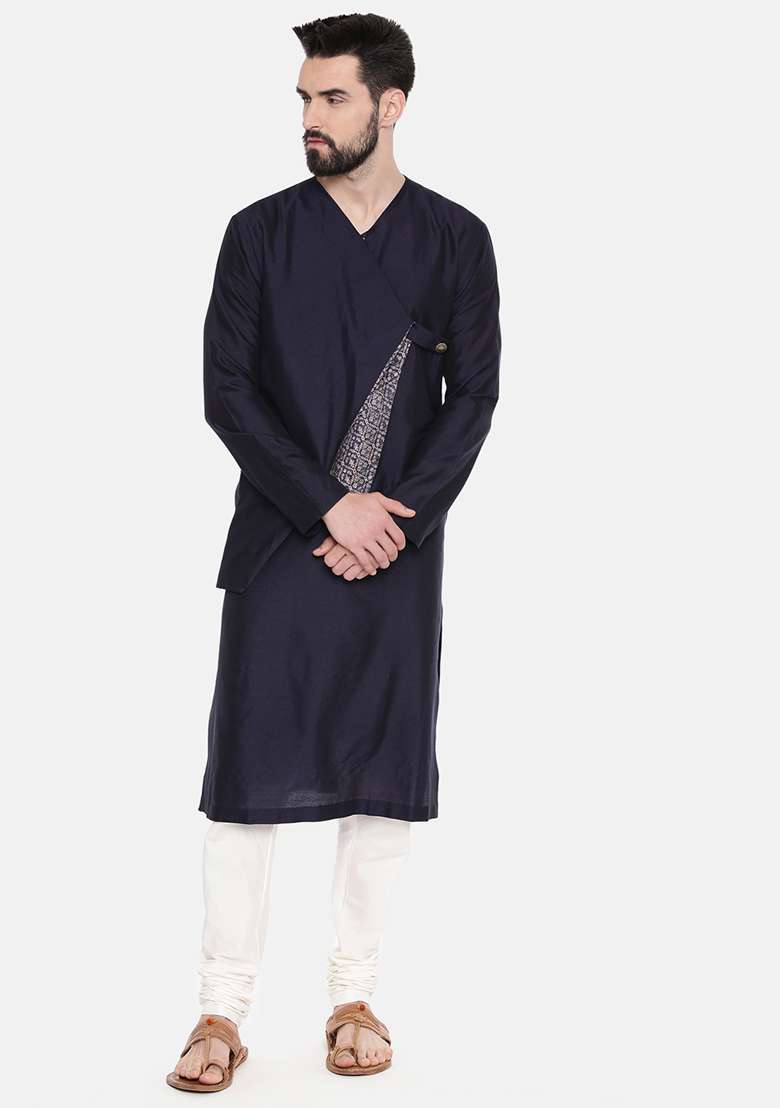 Blue Printed Cut Away Silk Blend Kurta Set For Men - Indya