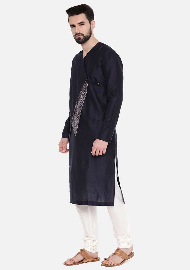 Blue Printed Cut Away Silk Blend Kurta Set For Men - Indya
