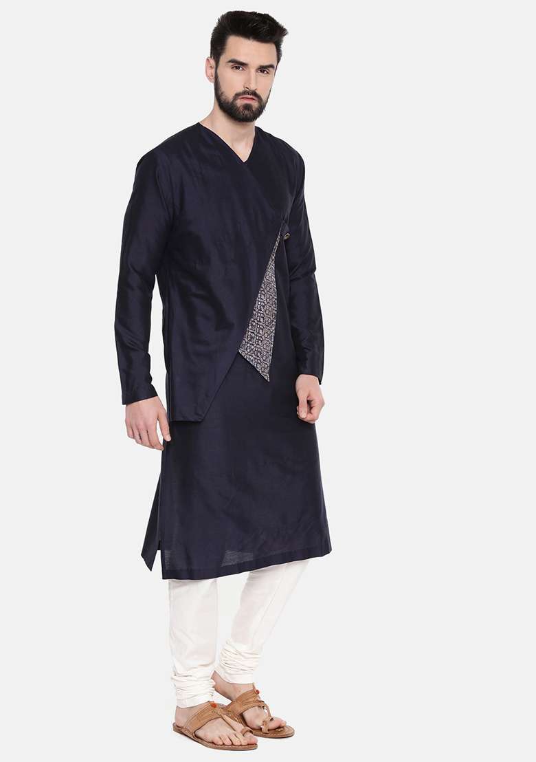 Blue Printed Cut Away Silk Blend Kurta Set For Men - Indya