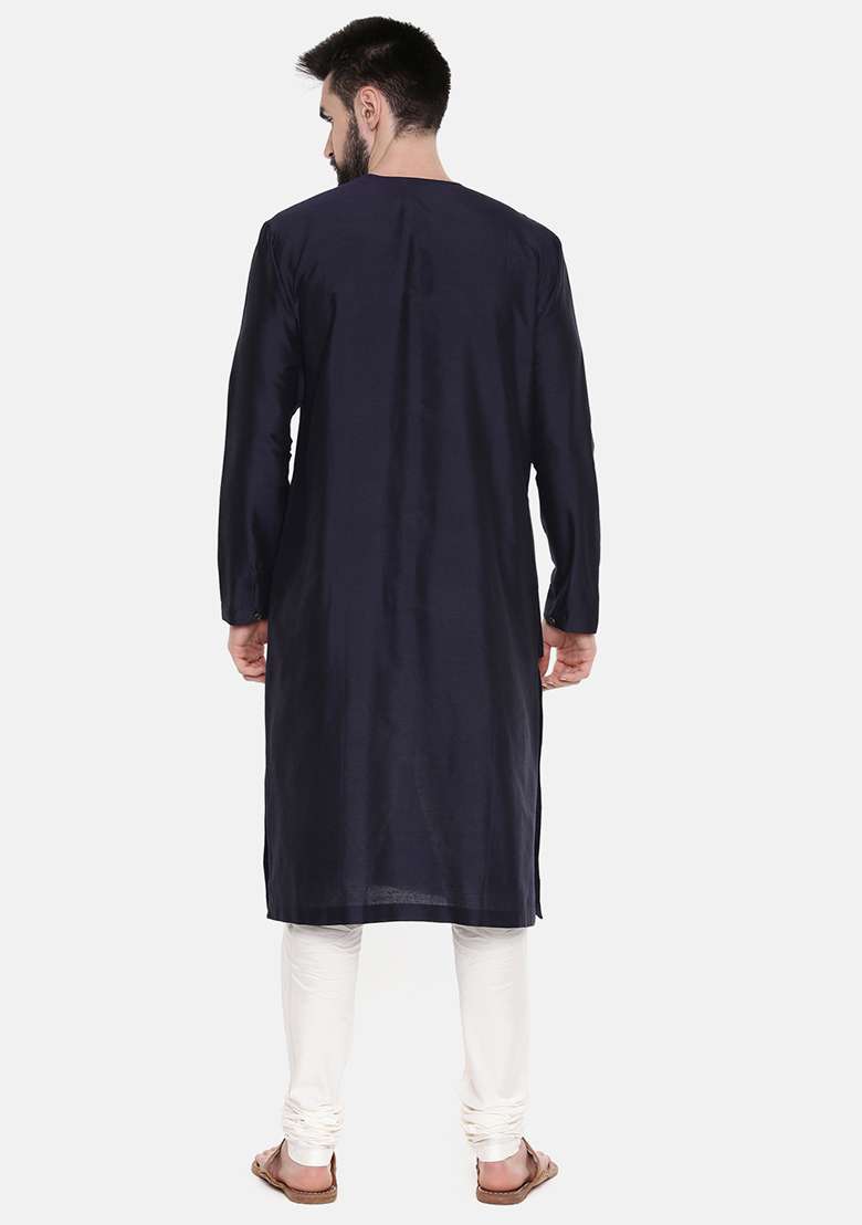 Blue Printed Cut Away Silk Blend Kurta Set For Men - Indya