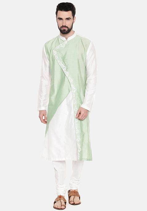 Ivory And Pastel Green Embroidered Kurta Set For Men