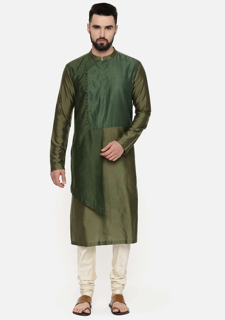 Green Layered Chanderi Kurta Set For Men - Indya