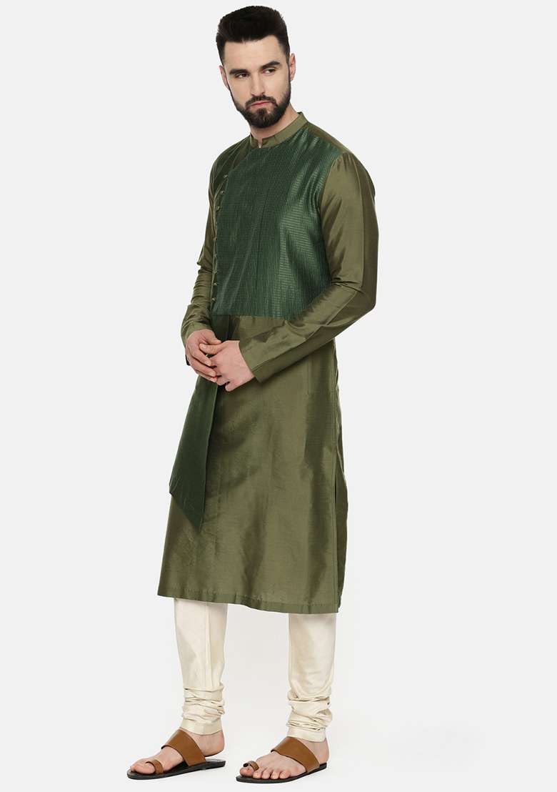 Green Layered Chanderi Kurta Set For Men - Indya