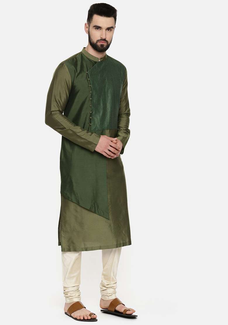 Green Layered Chanderi Kurta Set For Men - Indya