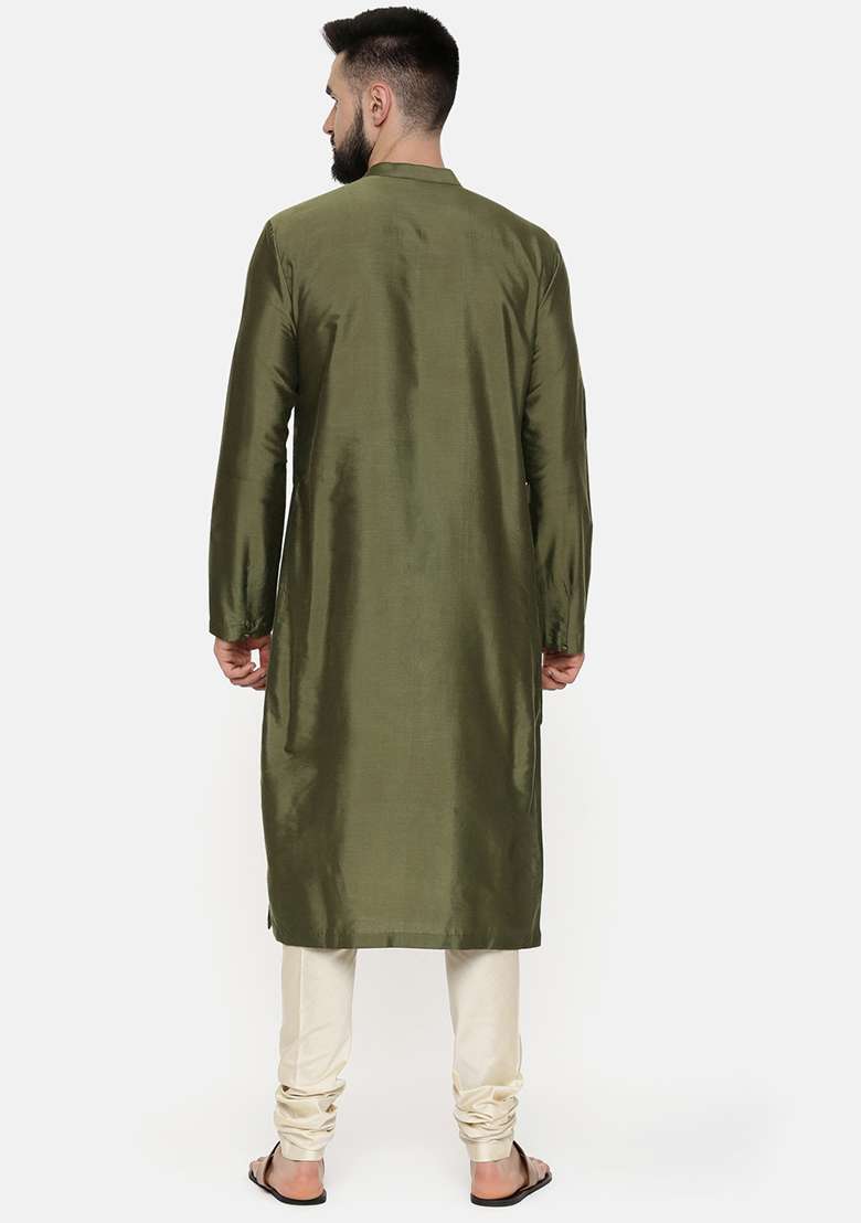 Green Layered Chanderi Kurta Set For Men - Indya