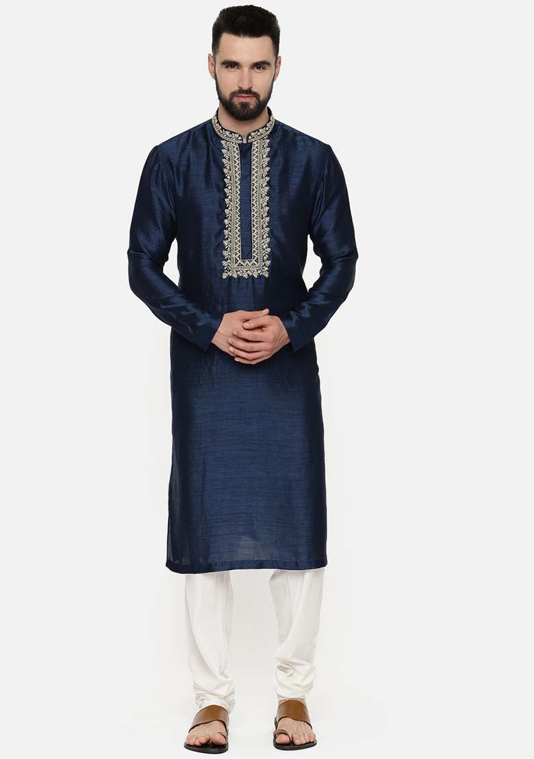 Blue Hand Embroidered Silk Blend Kurta Set For Men - Indya