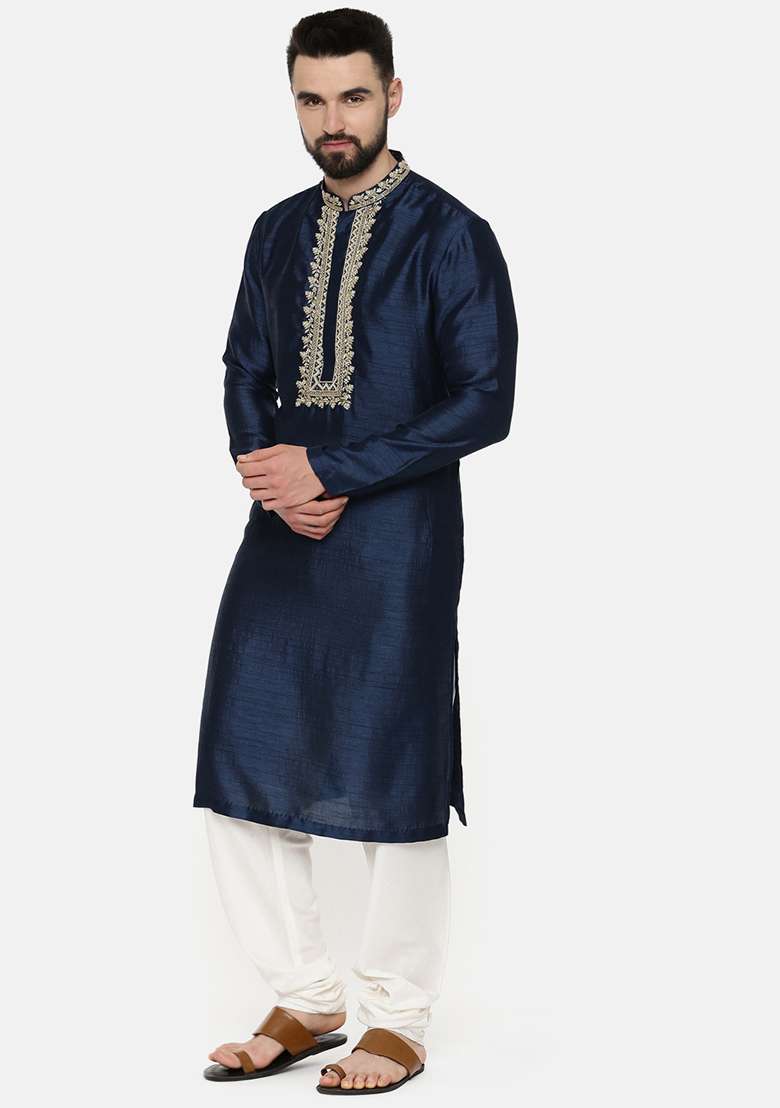 Blue Hand Embroidered Silk Blend Kurta Set For Men - Indya