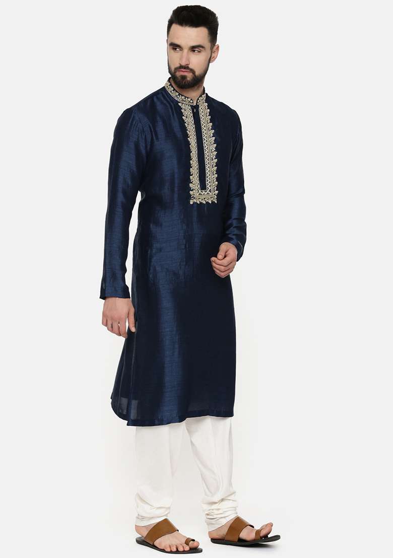 Blue Hand Embroidered Silk Blend Kurta Set For Men - Indya