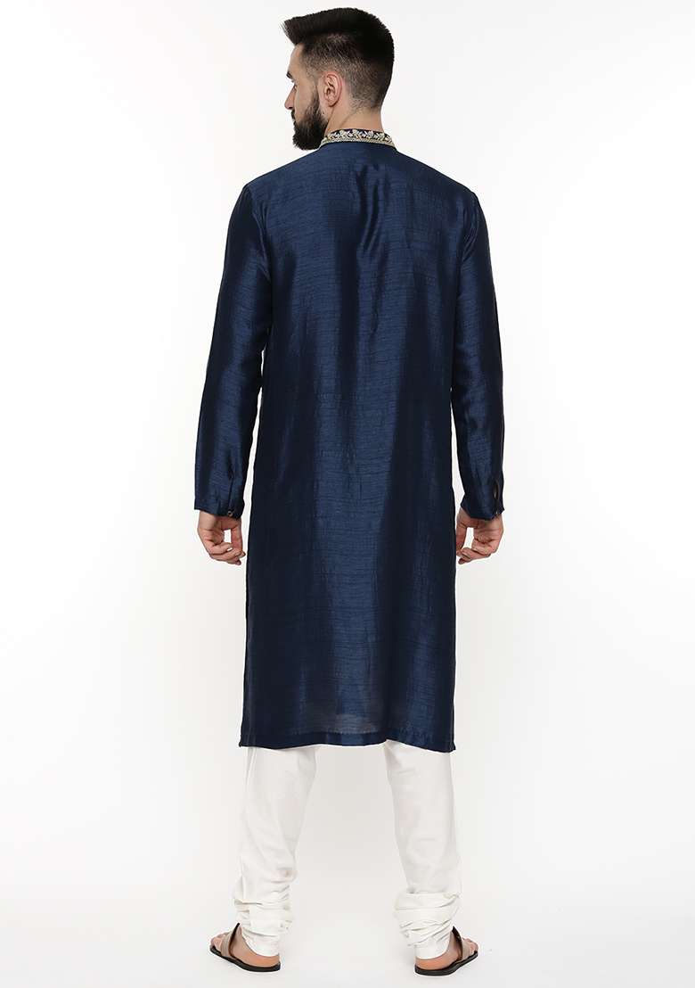 Blue Hand Embroidered Silk Blend Kurta Set For Men - Indya