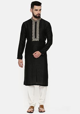 Black Hand Embroidered Silk Kurta Set For Men