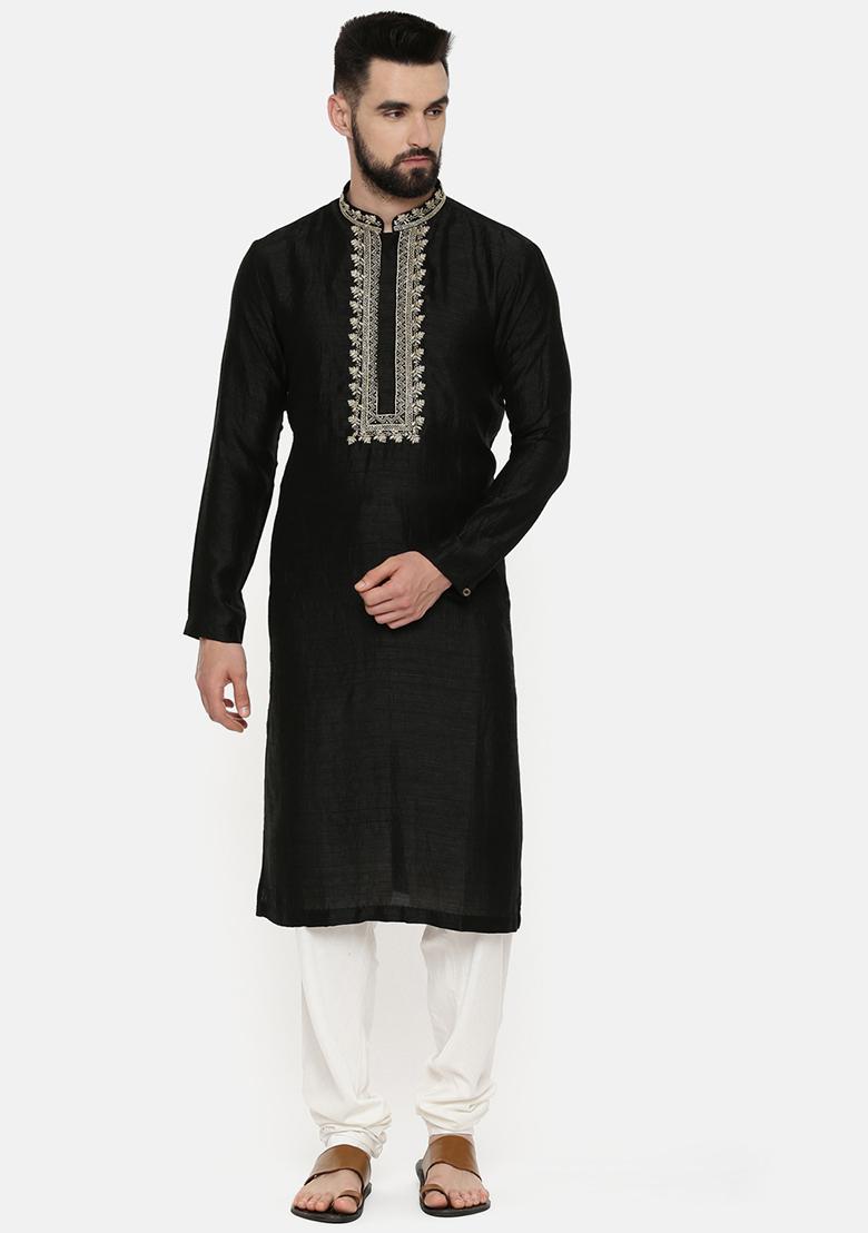 Black Hand Embroidered Silk Kurta Set For Men - Indya