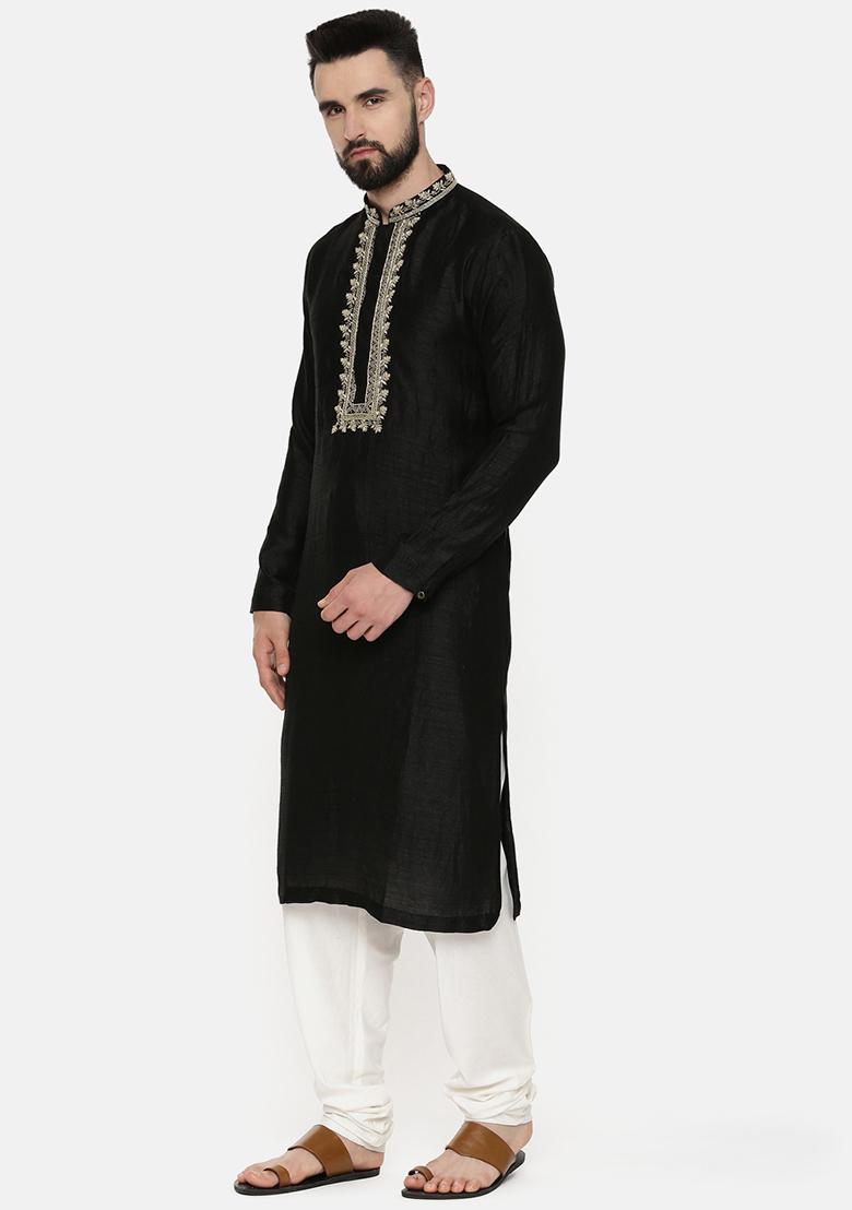 Black Hand Embroidered Silk Kurta Set For Men - Indya