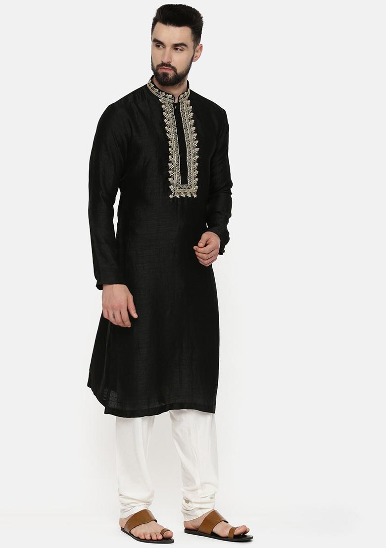 Black Hand Embroidered Silk Kurta Set For Men - Indya