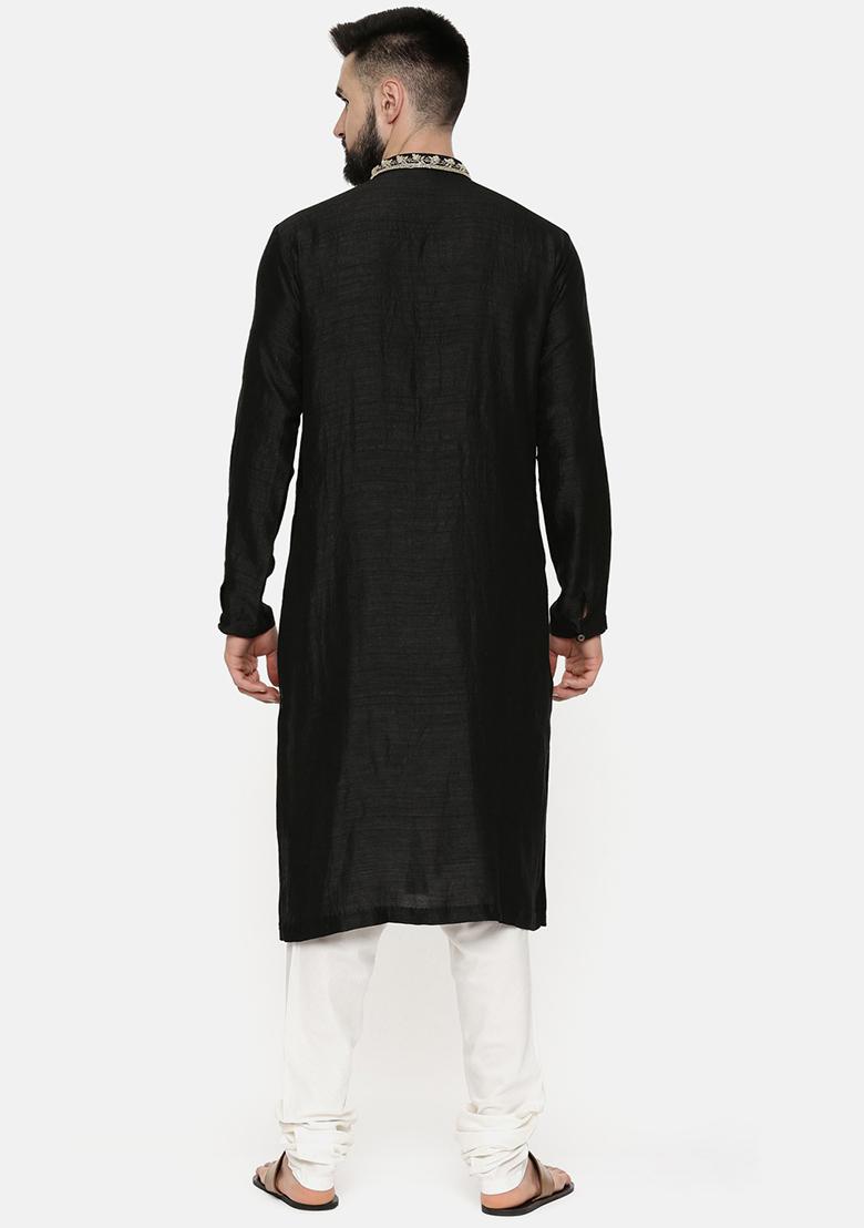 Black Hand Embroidered Silk Kurta Set For Men - Indya