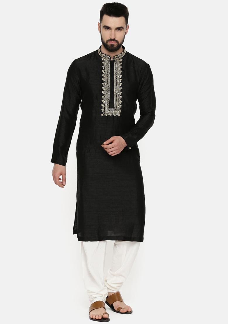 Black Hand Embroidered Silk Kurta Set For Men - Indya