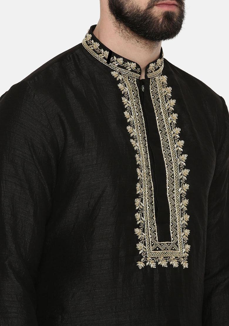 Black Hand Embroidered Silk Kurta Set For Men - Indya