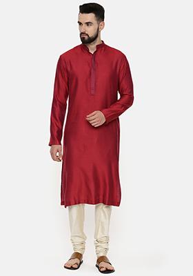 Red Jacquard Silk Kurta Set For Men