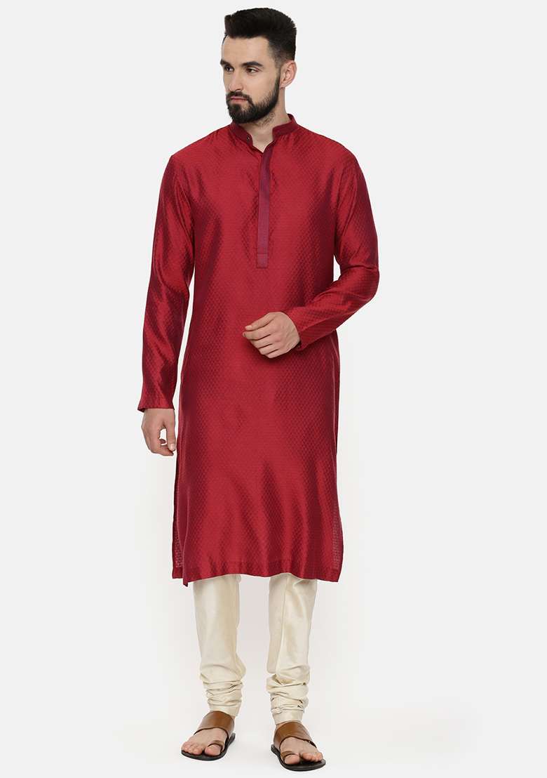 Red Jacquard Silk Blend Kurta Set For Men - Indya