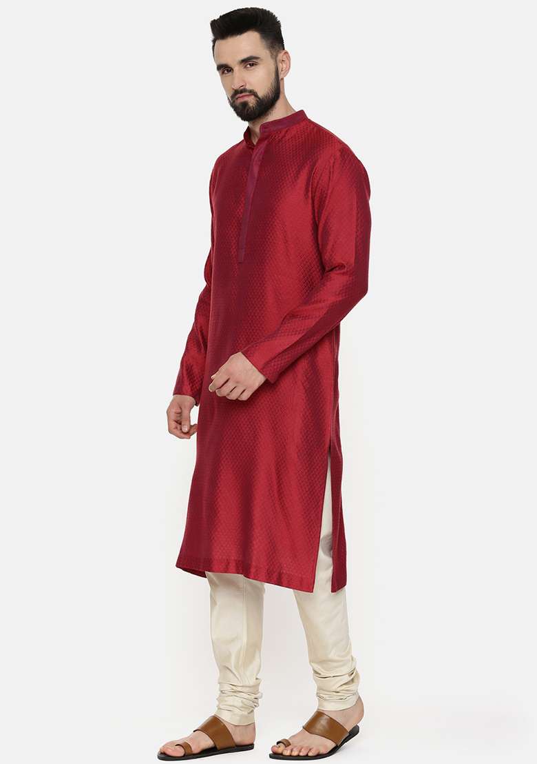 Red Jacquard Silk Blend Kurta Set For Men - Indya