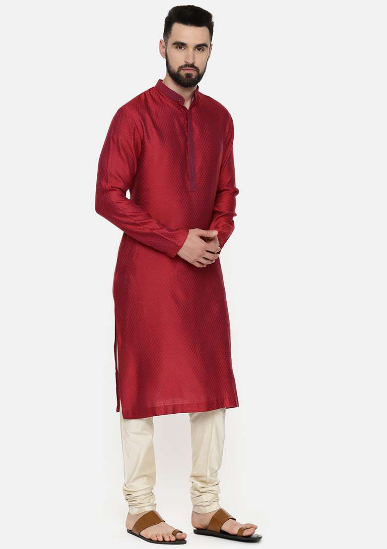 Red Jacquard Silk Blend Kurta Set For Men - Indya
